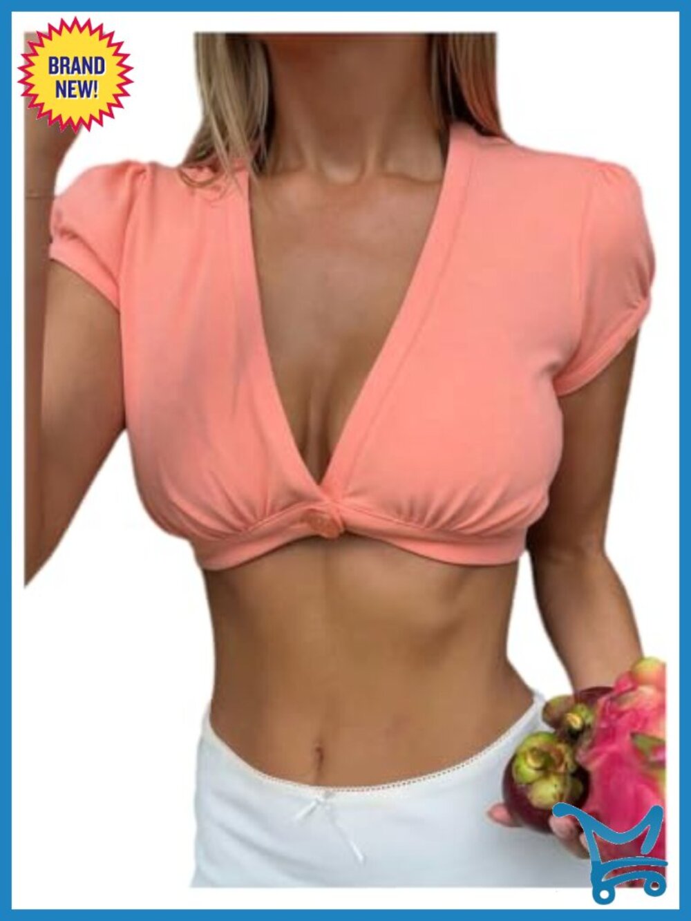 Puff Sleeve Micro Crop Top V Neck Button Summer T Shirt